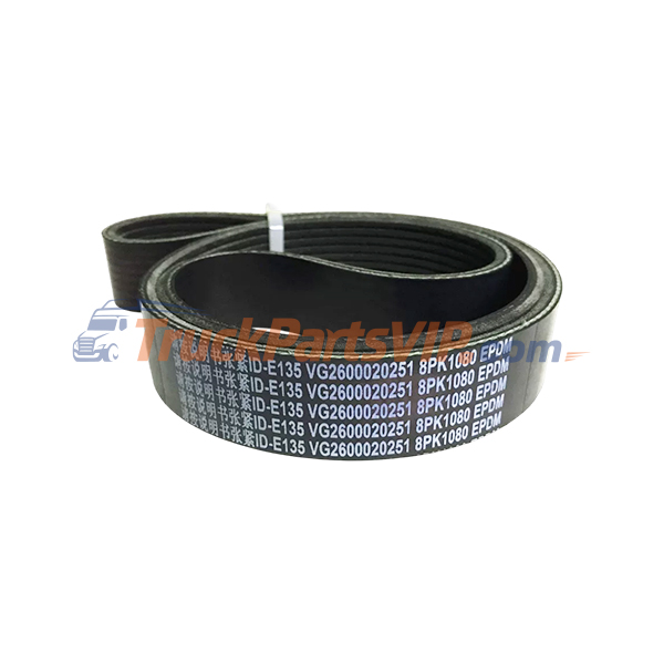 HOWO Truck V-Ribbed Belt, VG2600020251, 8PK1080, VG2600020252, VG1500020045, VG1246020017, VG1246020018, 8PK1075, 8PK1085, 8PK1100, 8PK1200, 8PK1215, 10PK1080, 6PK770E, 6PK783, 6PK794, 6PK945E, 6PK959, 6PK975, 6PK981, 6PK1005, 6PK1020, 6PK1040, 6PK1060, 6PK1062, 6PK1068, 6PK1120, 6PK1130, 6PK1149, 6PK1185, 6PK1236, 6PK1243, 6PK1248, 6PK1255, 6PK1260, 6PK1289, 6PK1324, 6PK1387, 6PK1395, 6PK1399, 6PK1410, 6PK1420, 6PK1425, 6PK1430, 6PK1437, 6PK1443, 6PK1444, 6PK1447, 6PK1453, 6PK1462, 8PK1020, 8PK1039, 8PK1043, 8PK1050, 8PK1060, 8PK1062, 8PK1092, 8PK1098, 8PK1149, 8PK1255, 8PK1265, 8PK1275, 8PK1280, 8PK1432, 8PK1445, 8PK1447, 8PK1485, 8PK1487, 8PK1508, 8PK1826, 8PK1903, 8PK1920, 8PK1950, 8PK2295, 8PK2348, 8PK2432, 8PK2473, 10PK1267, 10PK1270, 10PK1287, 12PK1189, 12PK1197, 12PK1204, 12PK1267, 12PK1287, 12PK1308, 12PK1354, 12PK1485, 12PK1504, 12PK1519, 12PK1592, 14PK1134, 15PK1287
